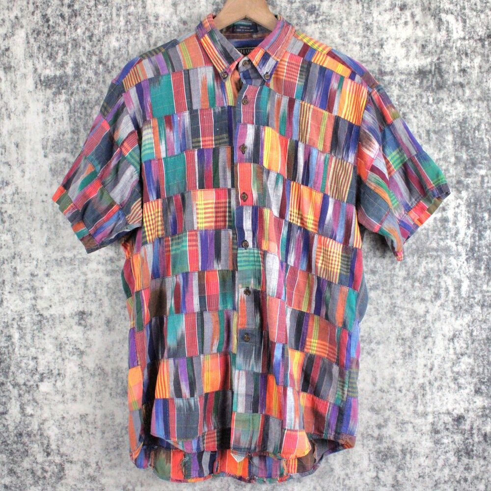 Chaps Ralph Lauren Men's L Vintage Glen Plaid Patchwork  AOP Button Up Madras